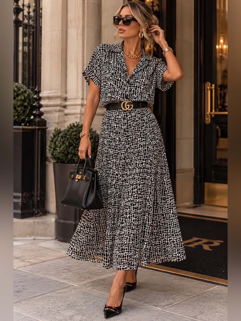 Amanda Collection Black and White Printed Short-Sleeve Skirt Set